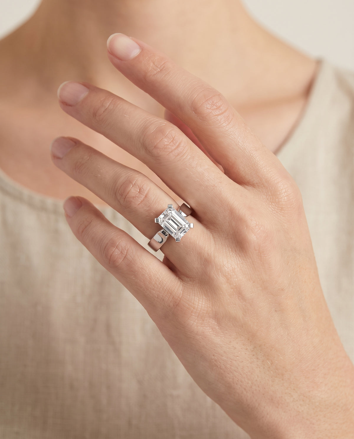 The Charlotte engagement ring setting in Platinum, cathedral squared edge solitaire cut design | RockHer