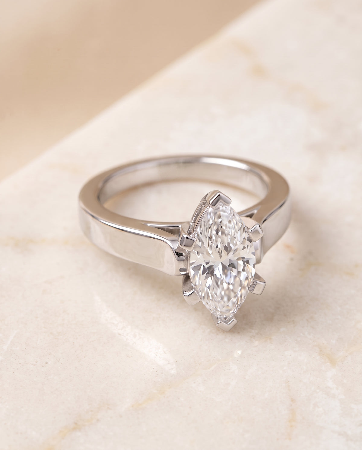 The Charlotte Cathedral Squared Edge Solitaire Marquise Engagement Ring Setting in 18K White Gold