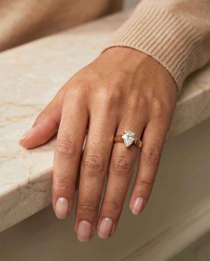 The Charlotte Cathedral Squared Edge Solitaire Pear Engagement Ring Setting in 18K Yellow Gold