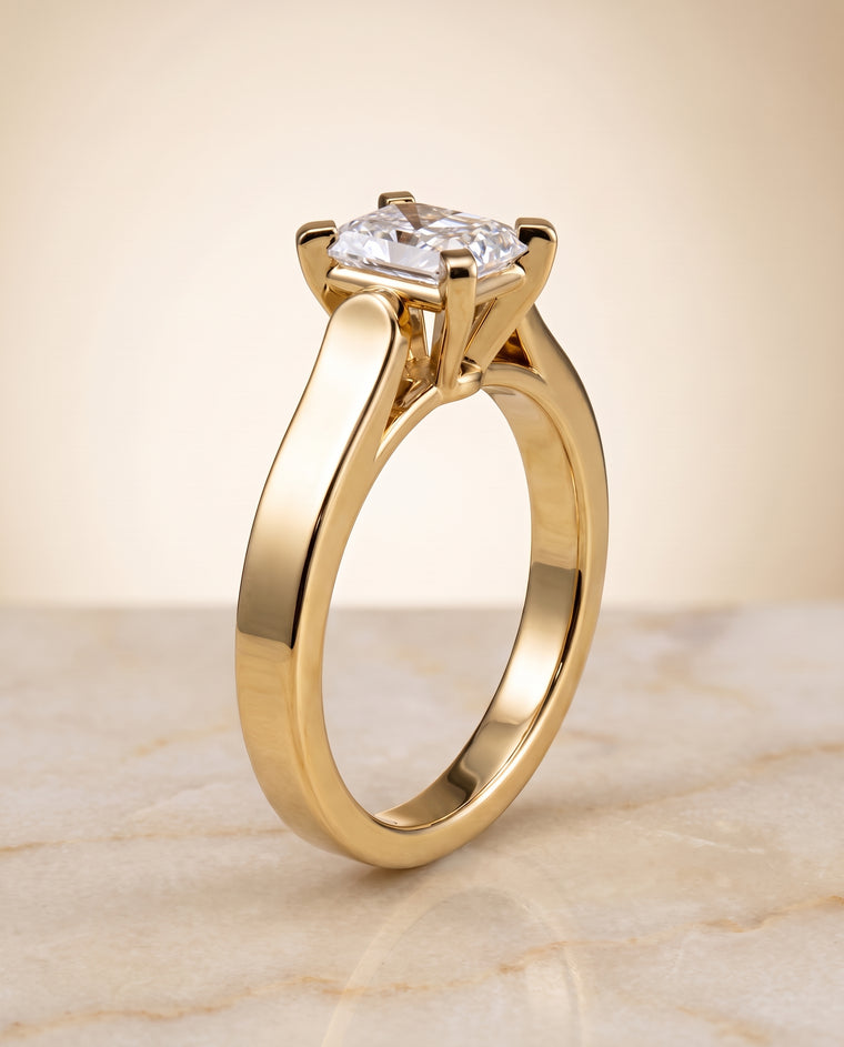The Charlotte Cathedral Squared Edge Solitaire Radiant Cut Engagement Ring Setting in 18K Yellow Gold