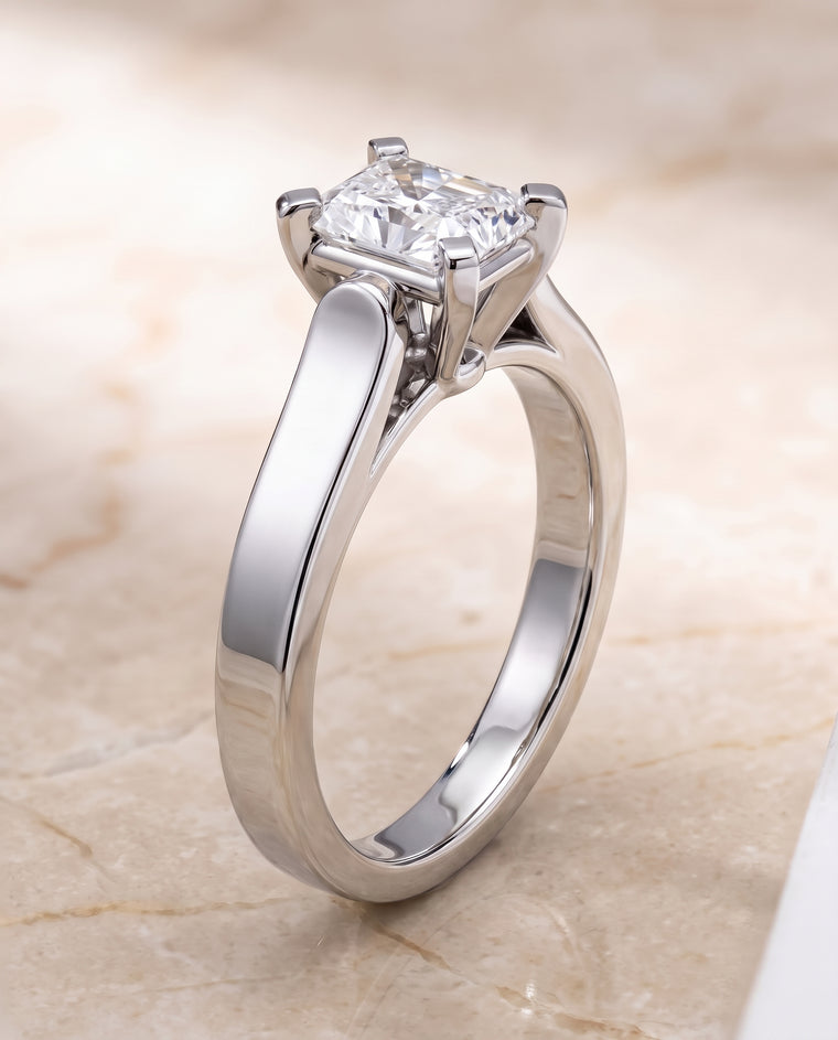 The Charlotte Cathedral Squared Edge Solitaire Radiant Cut Engagement Ring Setting in 18K White Gold