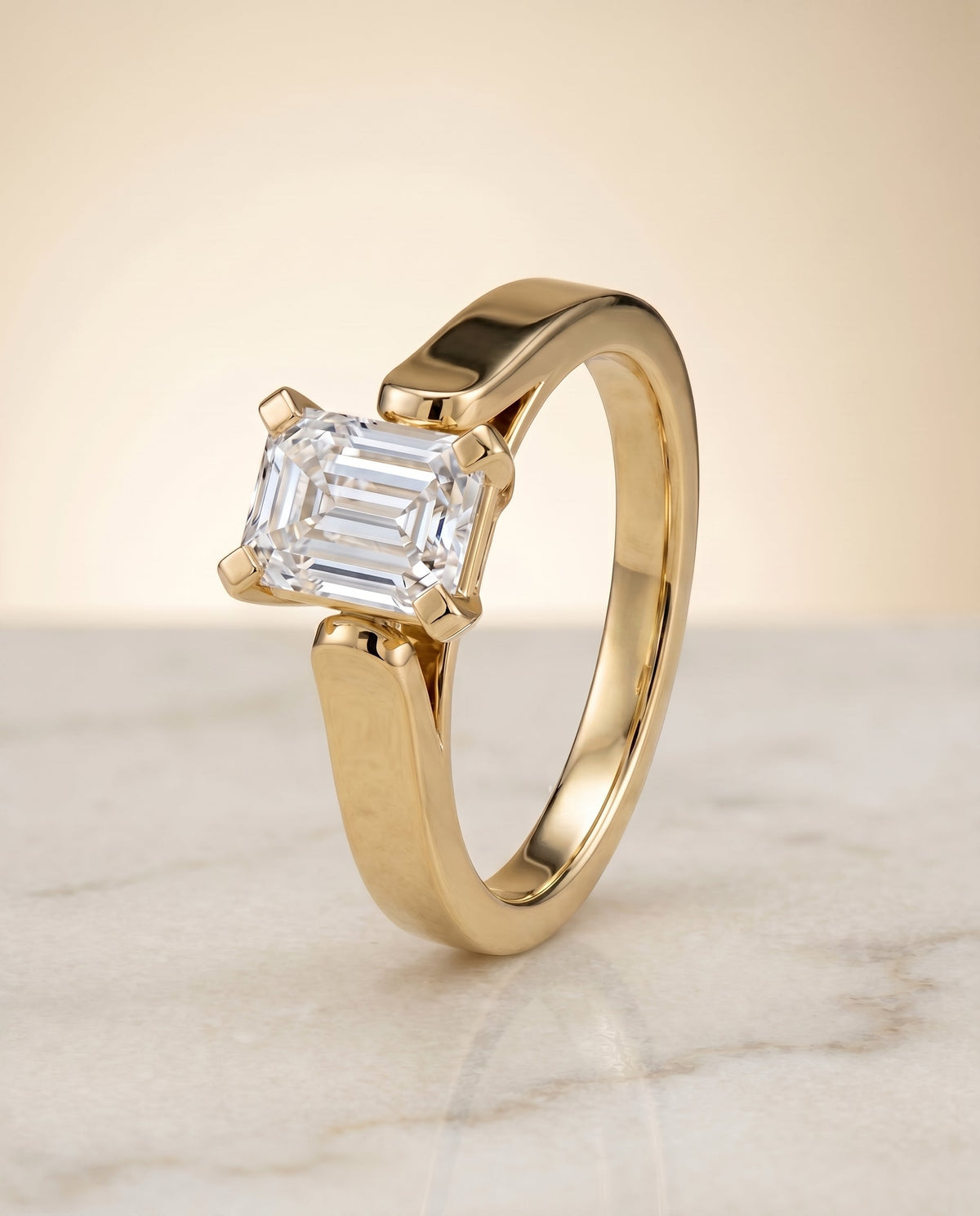Charlotte Select Cathedral Solitaire Emerald Cut Lab Diamond Engagement Ring in 18K Yellow Gold, front view | RockHer