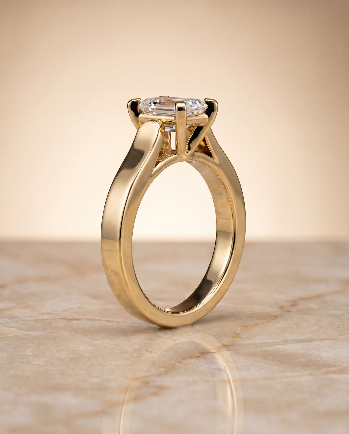 Charlotte Select Cathedral Solitaire Emerald Cut Lab Diamond Engagement Ring in 18K Yellow Gold, side view | RockHer