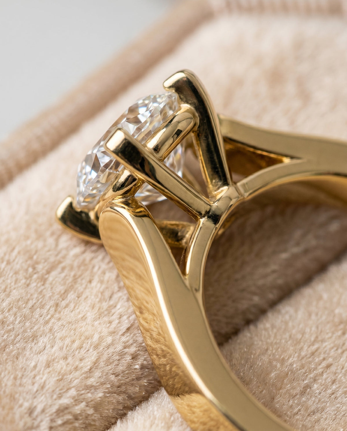 Charlotte Select Cathedral Solitaire Oval Lab Diamond Engagement Ring in 18K Yellow Gold, detail view | RockHer