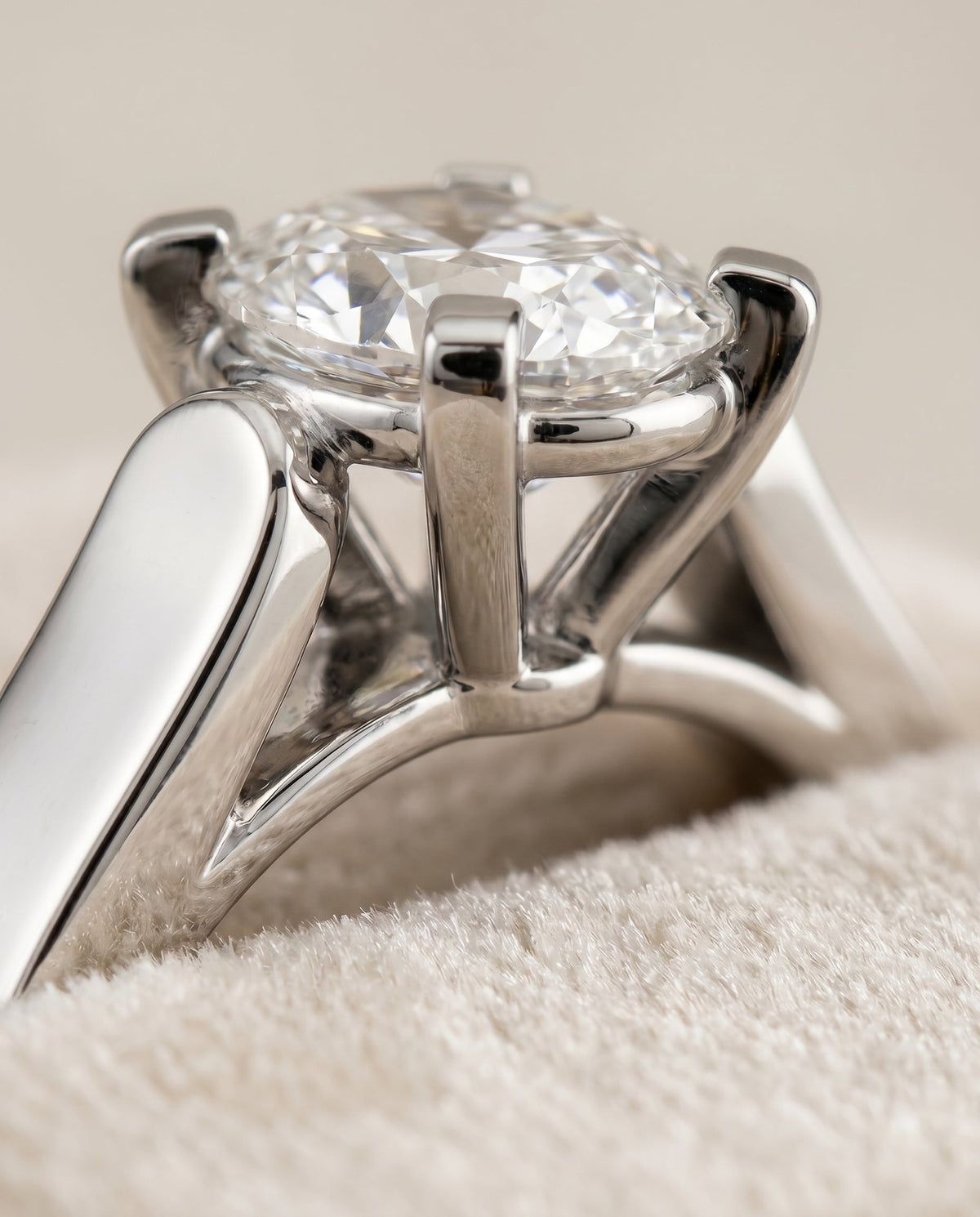Charlotte Select Cathedral Solitaire Oval Lab Diamond Engagement Ring in 18K White Gold, detail view | RockHer