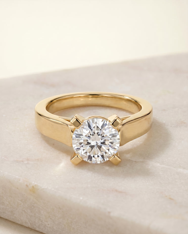 The Charlotte Cathedral Squared Edge Solitaire Round Engagement Ring Setting in 18K Yellow Gold