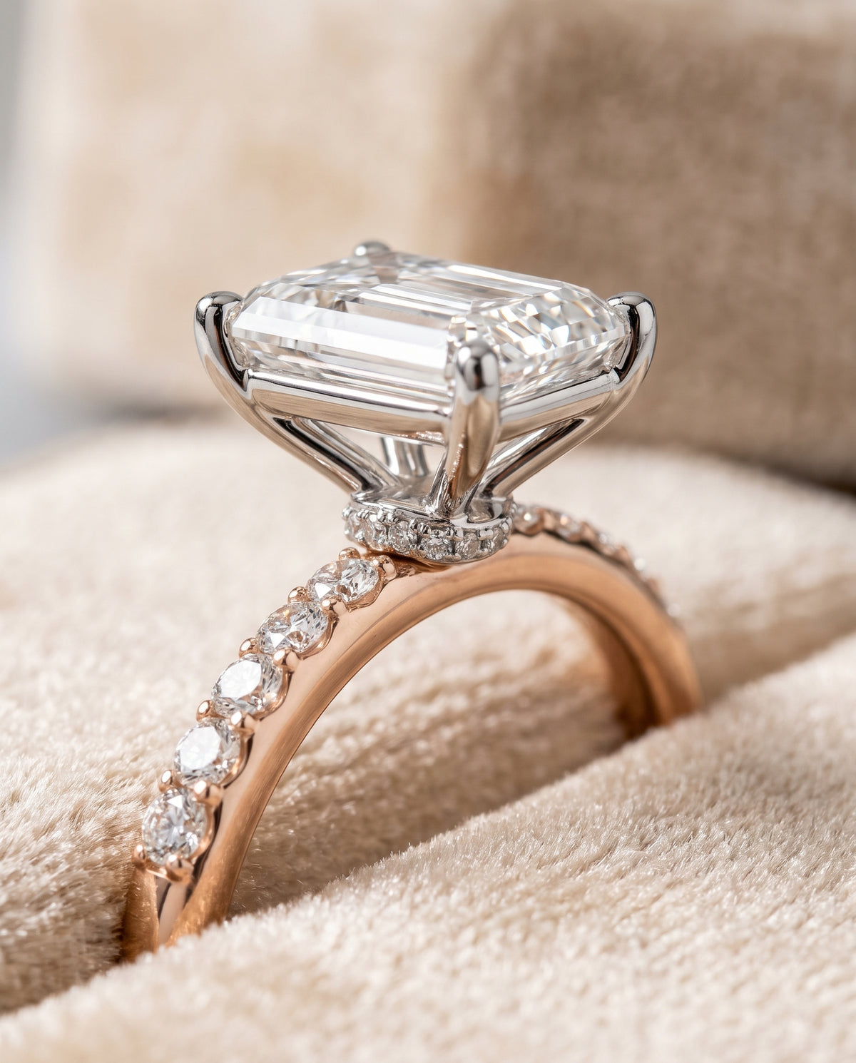 The Cherie Hidden Halo Pavé Solitaire Radiant Cut Engagement Ring Setting in 14K Rose Gold