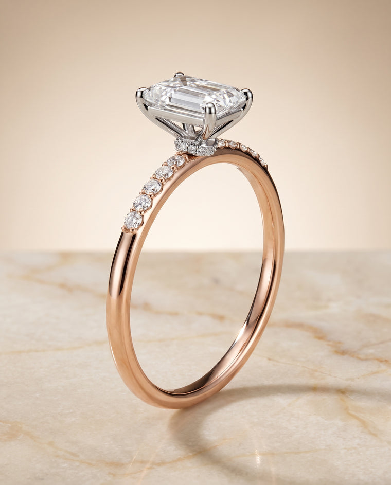 The Cherie Hidden Halo Pavé Solitaire Radiant Cut Engagement Ring Setting in 14K Rose Gold