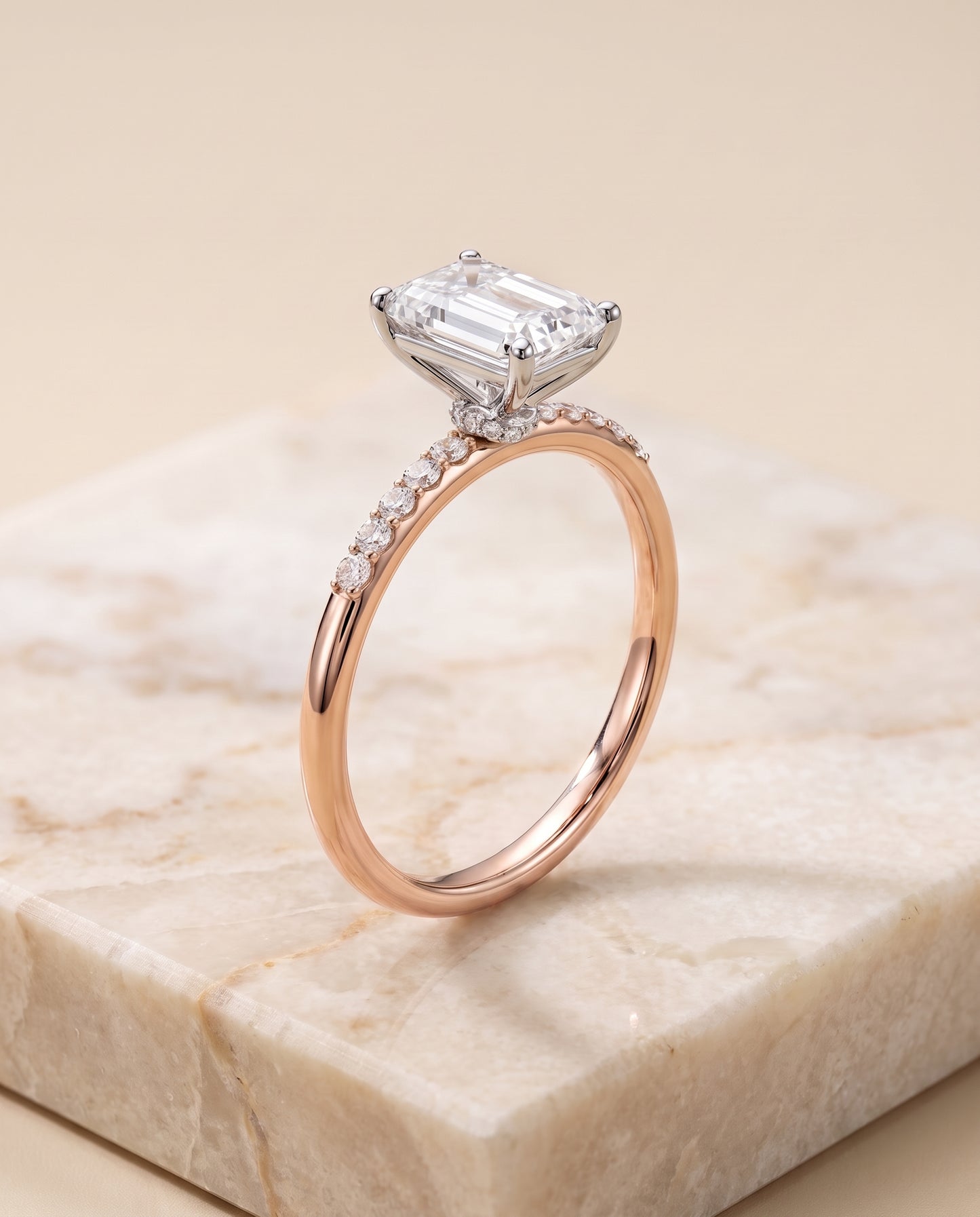 The Cherie Hidden Halo Pavé Solitaire Radiant Cut Engagement Ring Setting in 14K Rose Gold