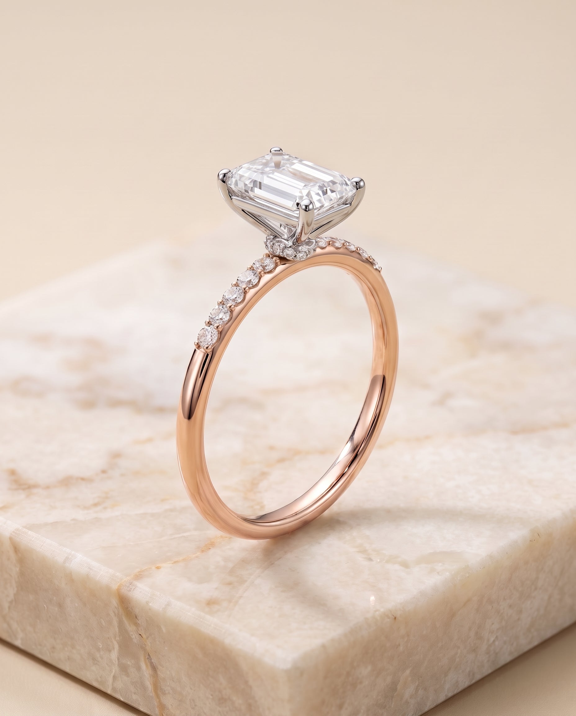 The Cherie Hidden Halo Pavé Solitaire Radiant Cut Engagement Ring Setting in 14K Rose Gold