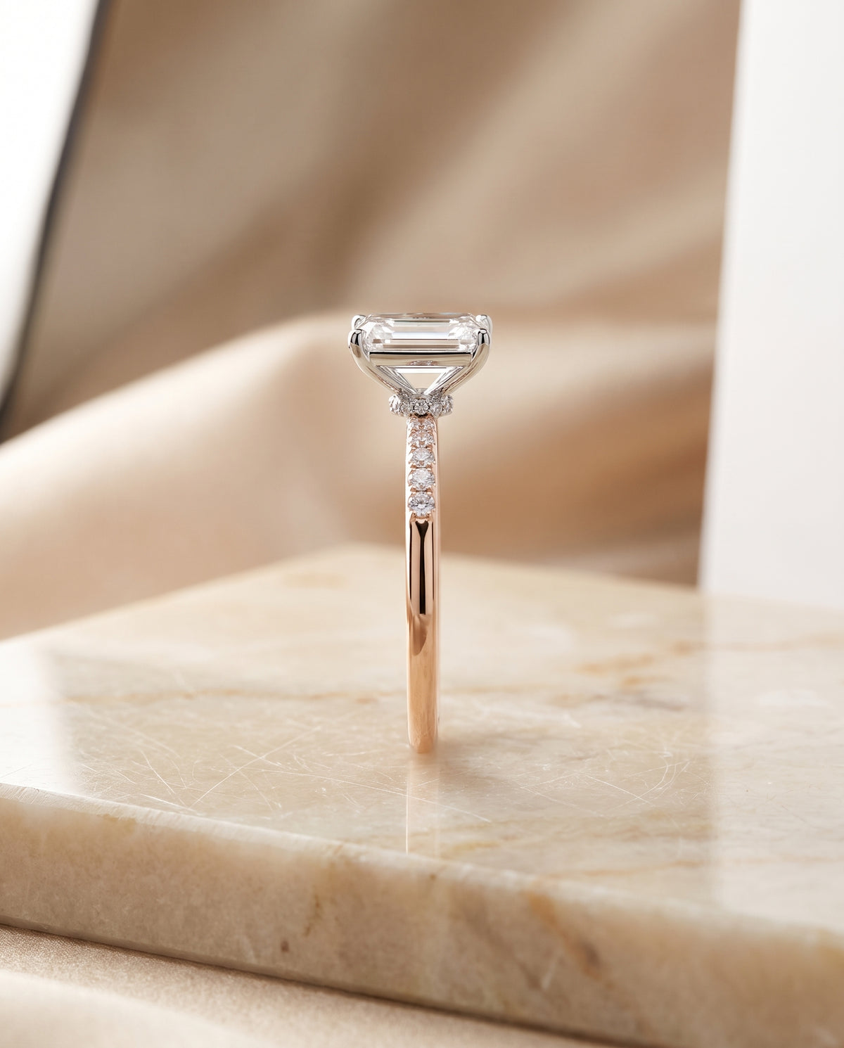 The Cherie Hidden Halo Pavé Solitaire Radiant Cut Engagement Ring Setting in 14K Rose Gold