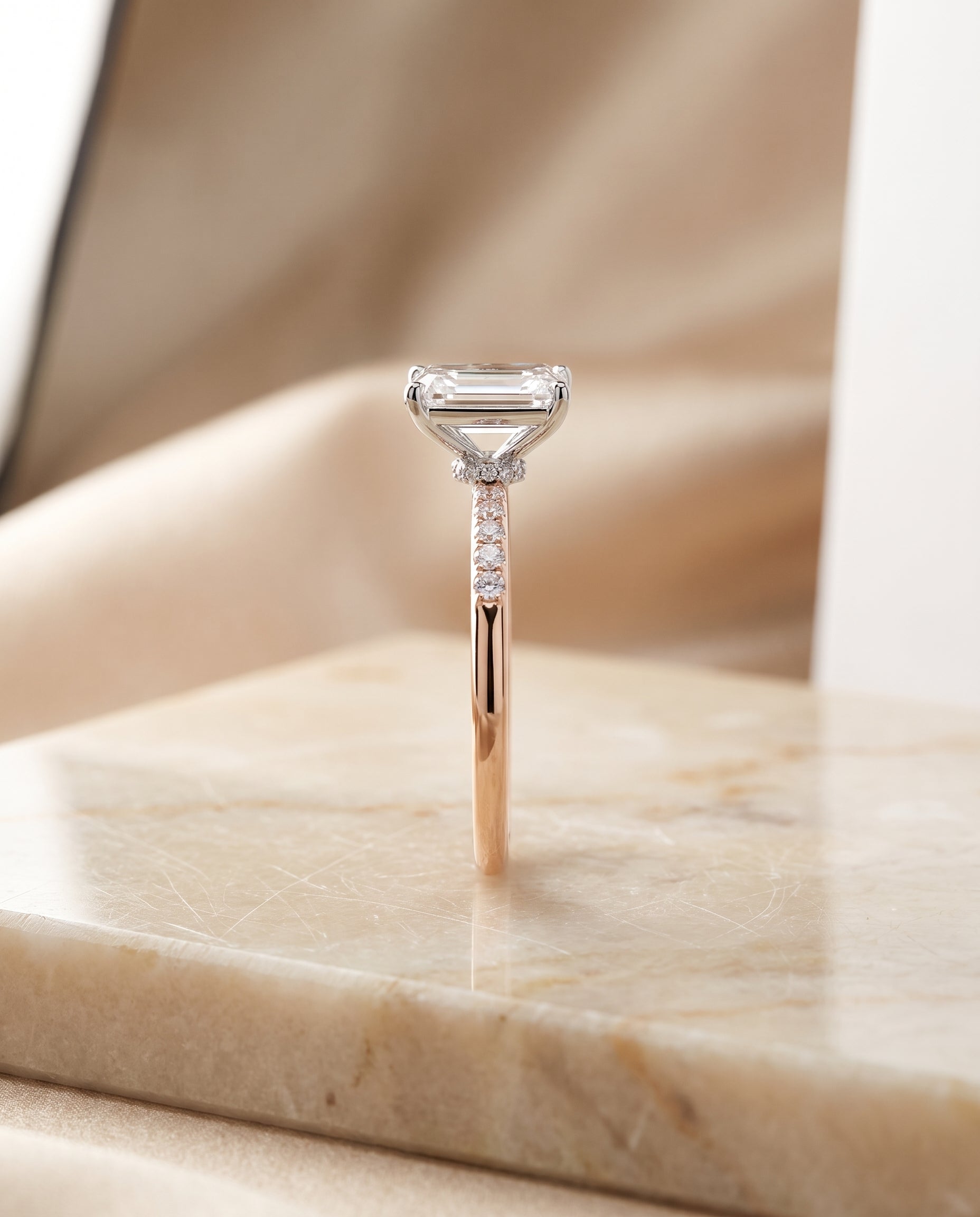 The Cherie Hidden Halo Pavé Solitaire Radiant Cut Engagement Ring Setting in 14K Rose Gold