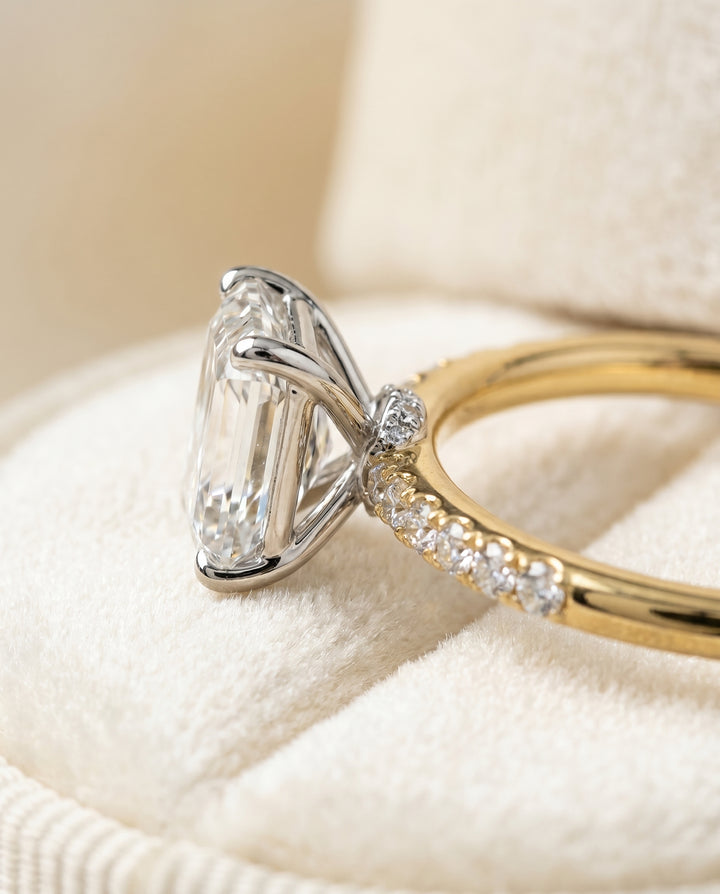 The Cherie Hidden Halo Pavé Solitaire Emerald Cut Engagement Ring Setting in 18K Yellow Gold