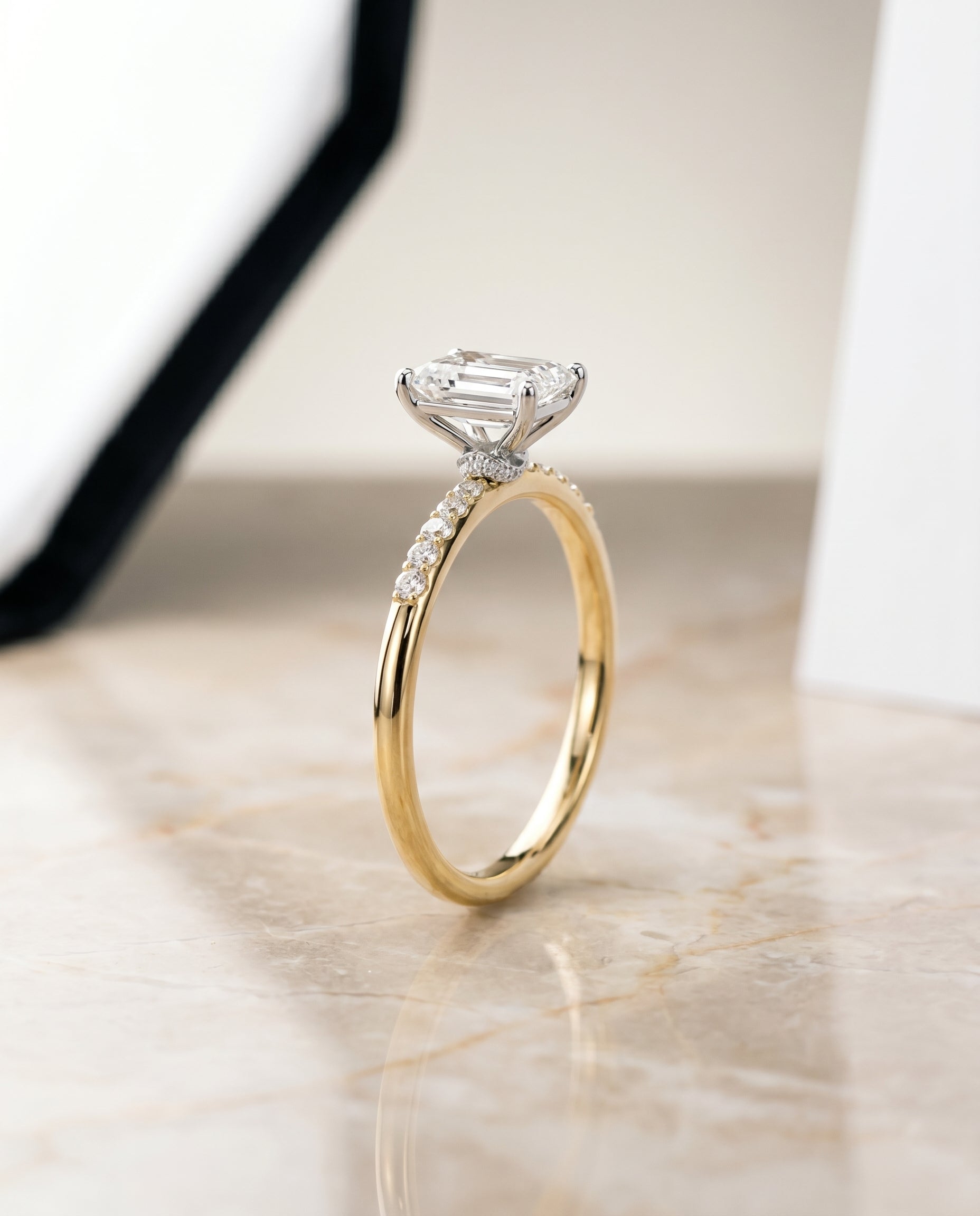 Hidden Halo Pavé Solitaire Cut styling on The Cherie emerald engagement ring setting | RockHer