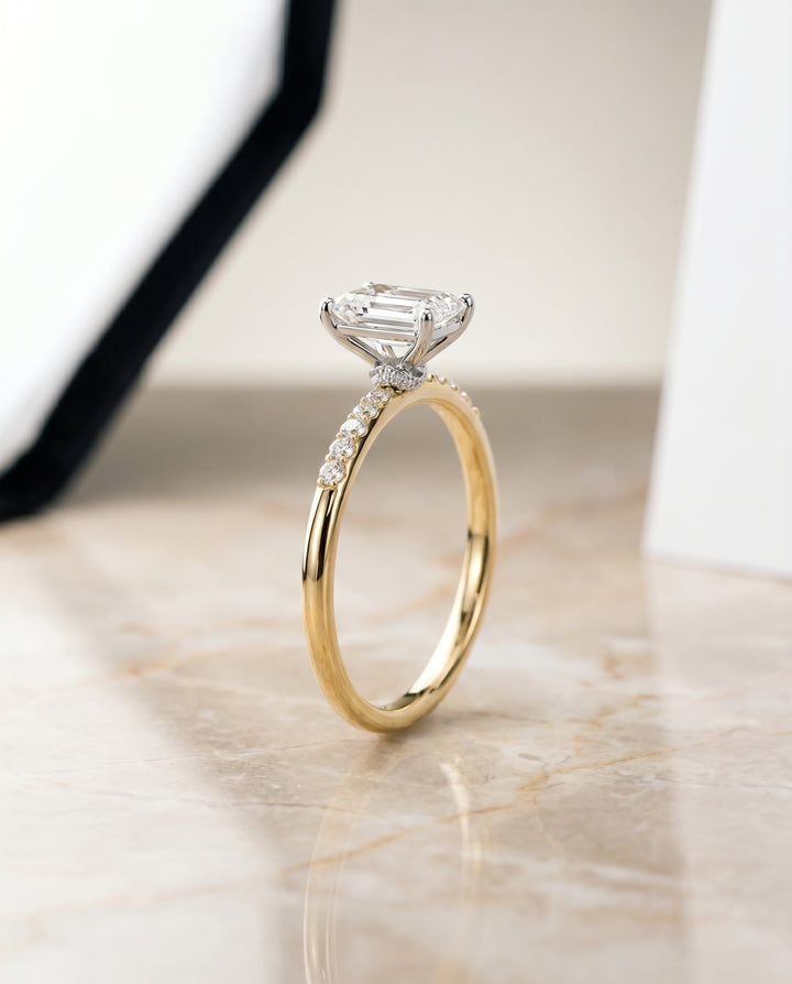 The Cherie Hidden Halo Pavé Solitaire Emerald Cut Engagement Ring Setting in 18K Yellow Gold