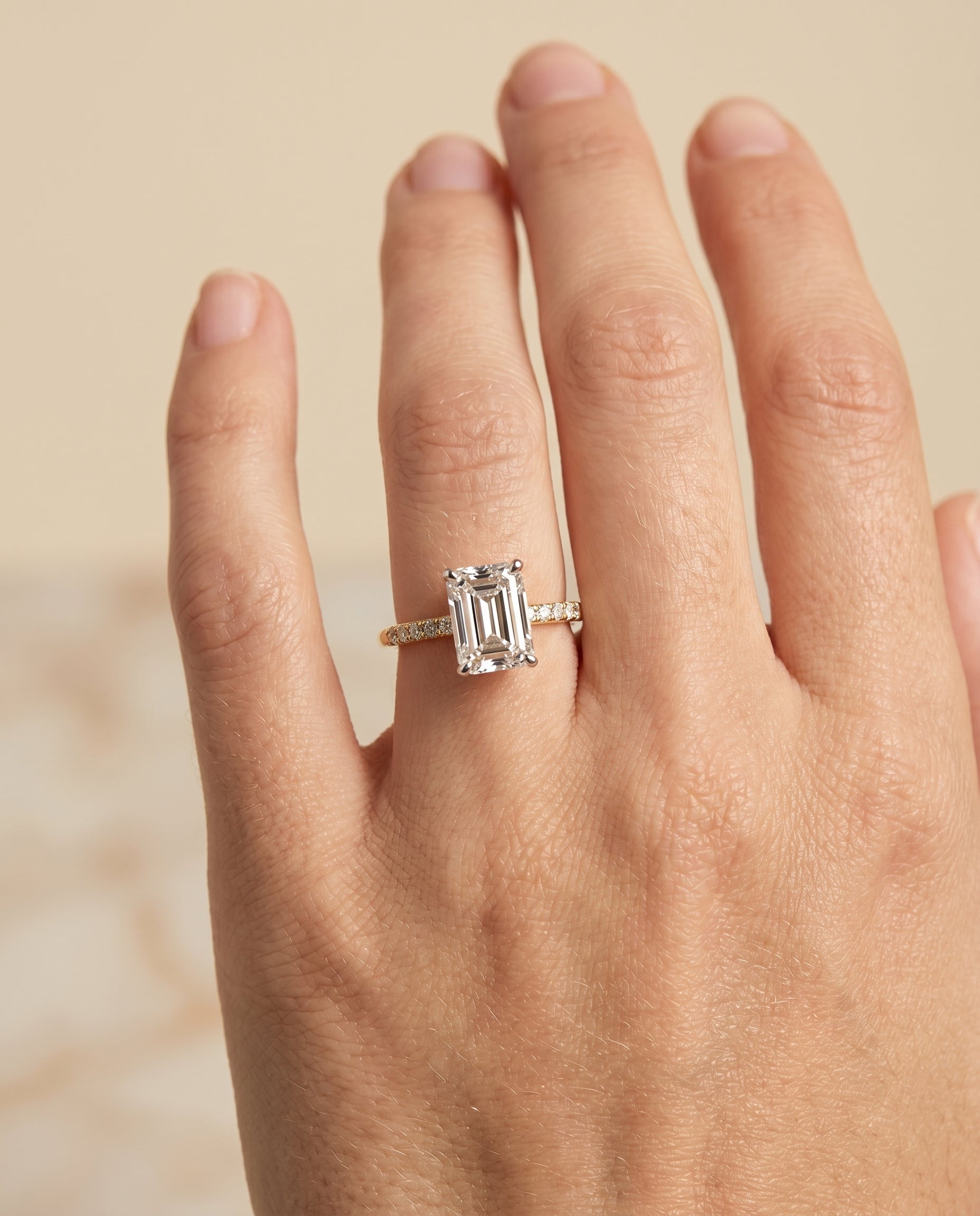 The Cherie engagement ring setting in 18K Yellow Gold, hidden halo pavé solitaire cut design | RockHer
