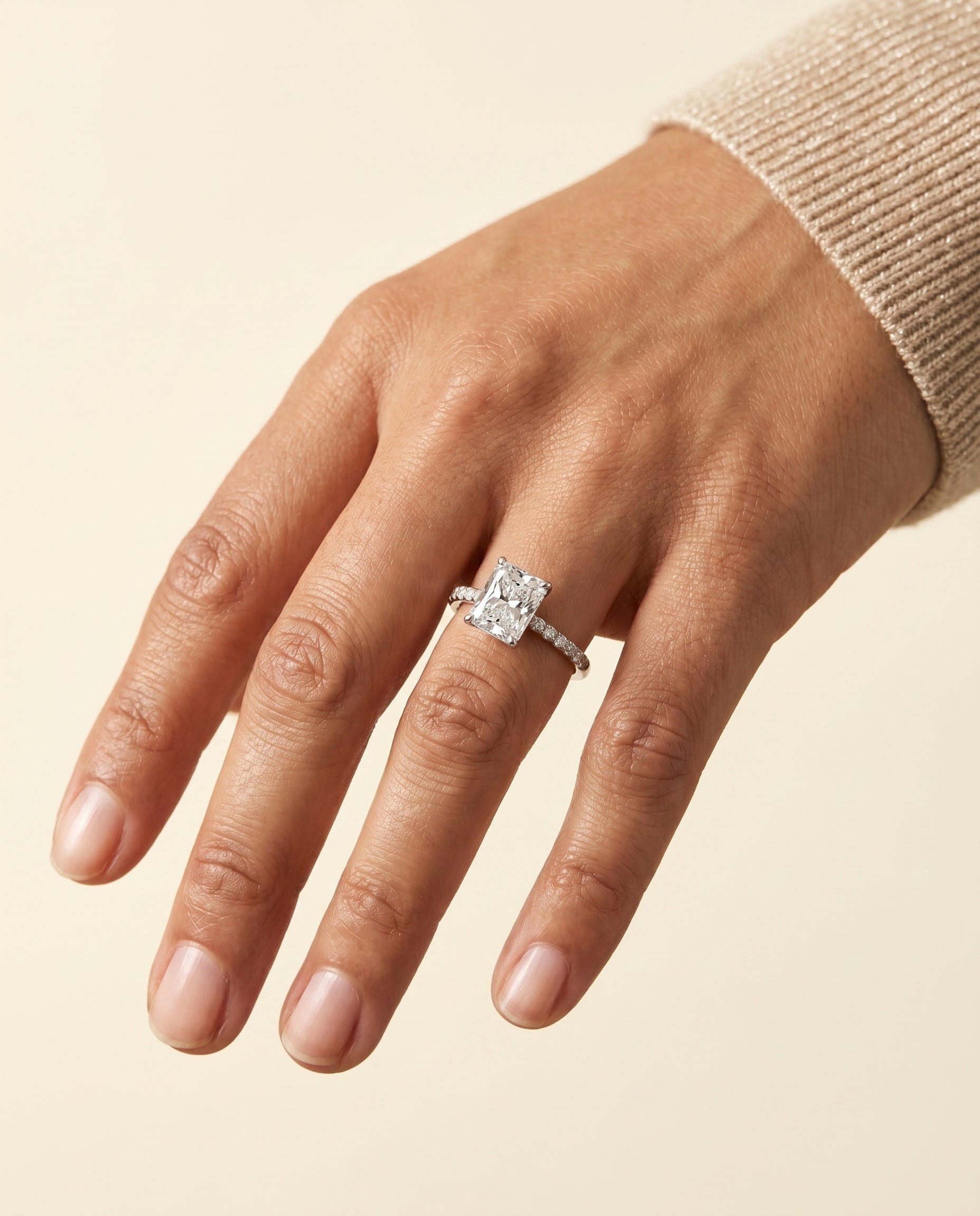 The Cherie engagement ring setting in 18K White Gold, hidden halo pavé solitaire cut design | RockHer