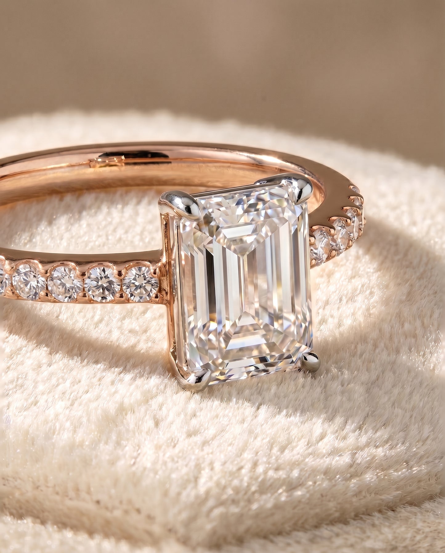The Cherie Hidden Halo Pavé Solitaire Emerald Cut Engagement Ring Setting in 14K Rose Gold