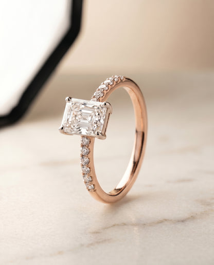 The Cherie Hidden Halo Pavé Solitaire Emerald Cut Engagement Ring Setting in 14K Rose Gold