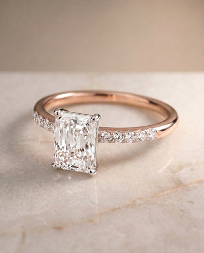 The Cherie Hidden Halo Pavé Solitaire Emerald Cut Engagement Ring Setting in 14K Rose Gold