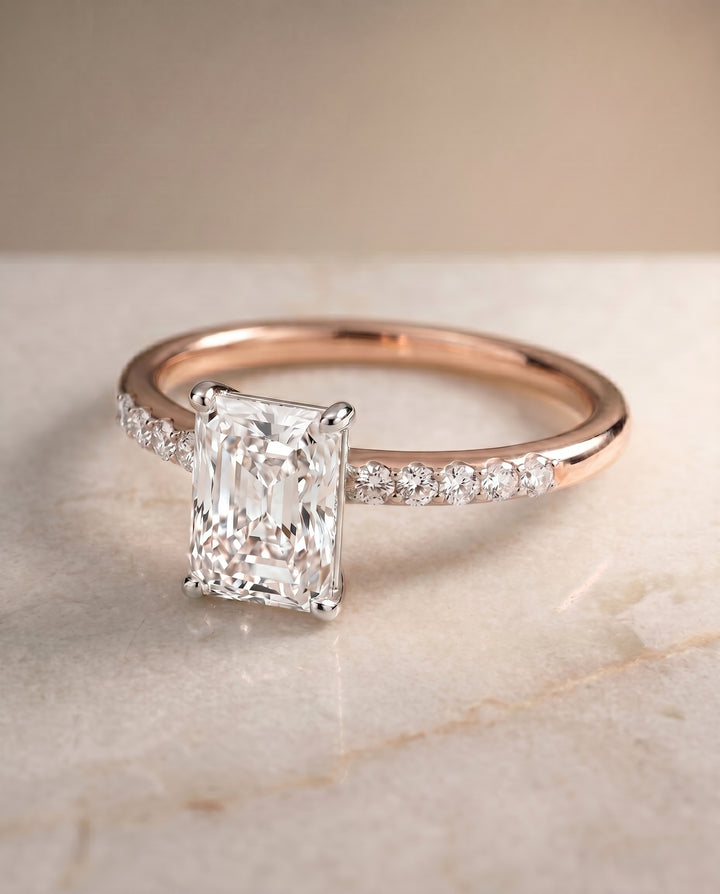 The Cherie Hidden Halo Pavé Solitaire Emerald Cut Engagement Ring Setting in 14K Rose Gold