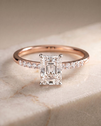 The Cherie Hidden Halo Pavé Solitaire Emerald Cut Engagement Ring Setting in 14K Rose Gold