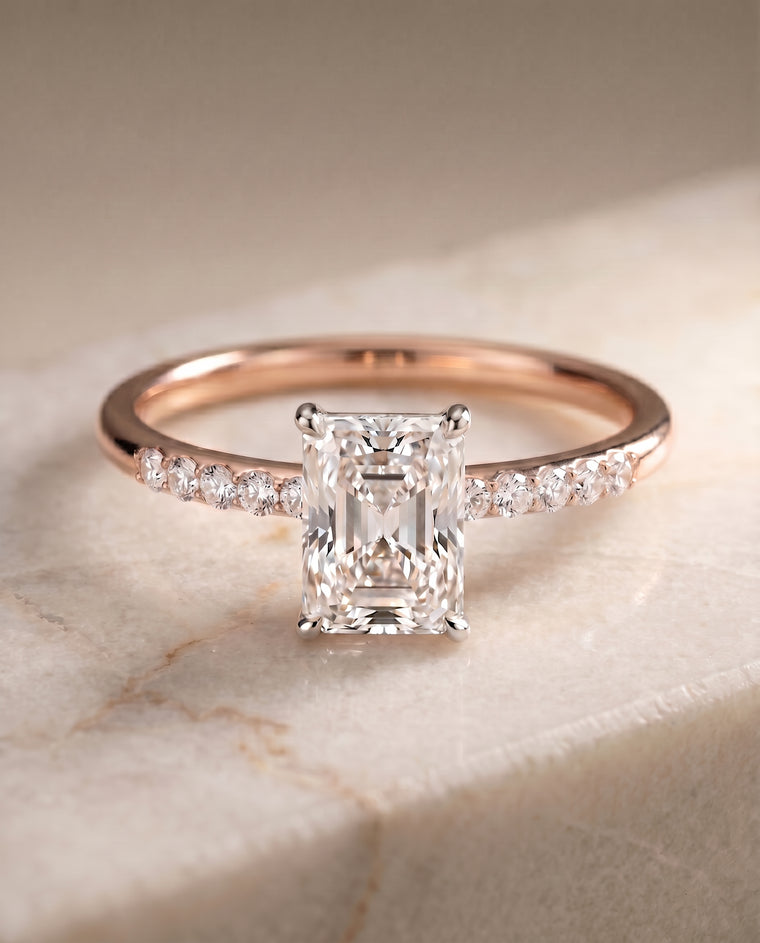 The Cherie Hidden Halo Pavé Solitaire Emerald Cut Engagement Ring Setting in 14K Rose Gold