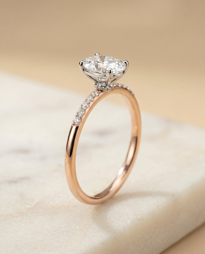 The Cherie Hidden Halo Pavé Solitaire Oval Engagement Ring Setting in 14K Rose Gold