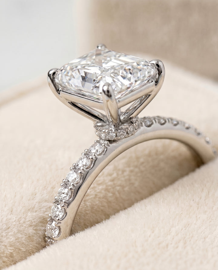 The Cherie Hidden Halo Pavé Solitaire Radiant Cut Engagement Ring Setting in Platinum