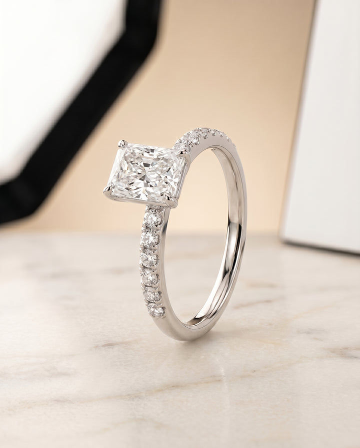 The Cherie Hidden Halo Pavé Solitaire Radiant Cut Engagement Ring Setting in Platinum