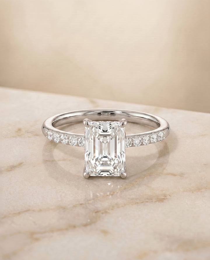 The Cherie Hidden Halo Pavé Solitaire Radiant Cut Engagement Ring Setting in 18K White Gold