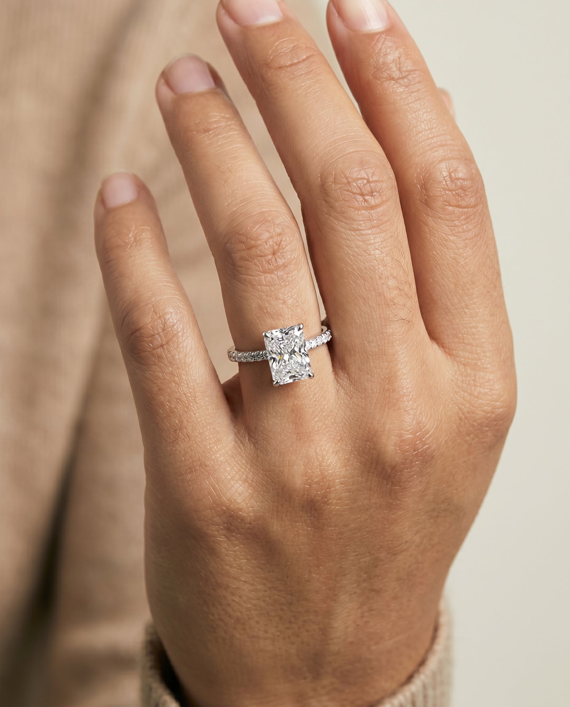 The Cherie engagement ring setting in 18K White Gold, hidden halo pavé solitaire cut design | RockHer