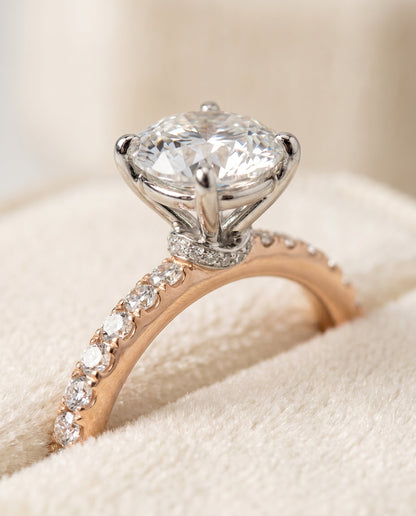 Cherie Select Hidden Halo Pavé Solitaire Round Lab Diamond Engagement Ring in 14K Rose Gold, detail view | RockHer