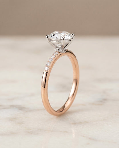 Cherie Select Hidden Halo Pavé Solitaire Round Lab Diamond Engagement Ring in 14K Rose Gold, front view | RockHer