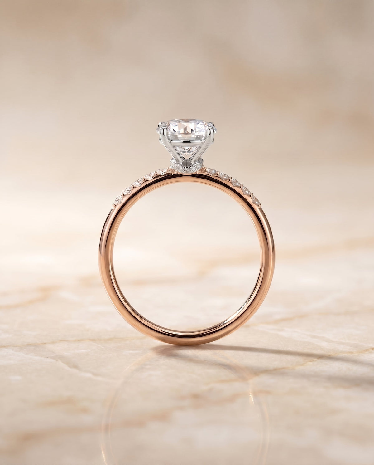 Cherie Select Hidden Halo Pavé Solitaire Round Lab Diamond Engagement Ring in 14K Rose Gold, side view | RockHer