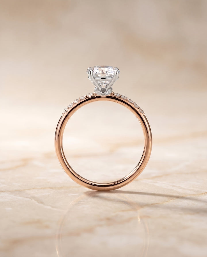 Cherie Select Hidden Halo Pavé Solitaire Round Lab Diamond Engagement Ring in 14K Rose Gold, side view | RockHer