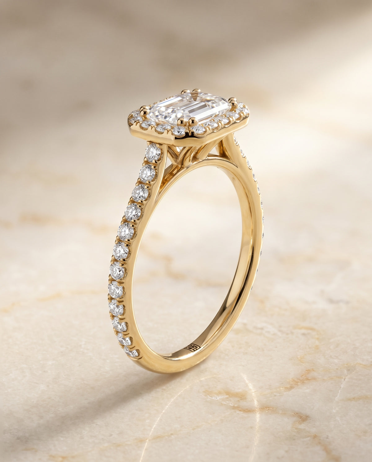 Emerald engagement ring setting in 18K Yellow Gold, Christina East West Horizontal Halo Emerald Cut, alternate view | RockHer