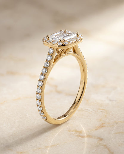Emerald engagement ring setting in 18K Yellow Gold, Christina East West Horizontal Halo Emerald Cut, alternate view | RockHer