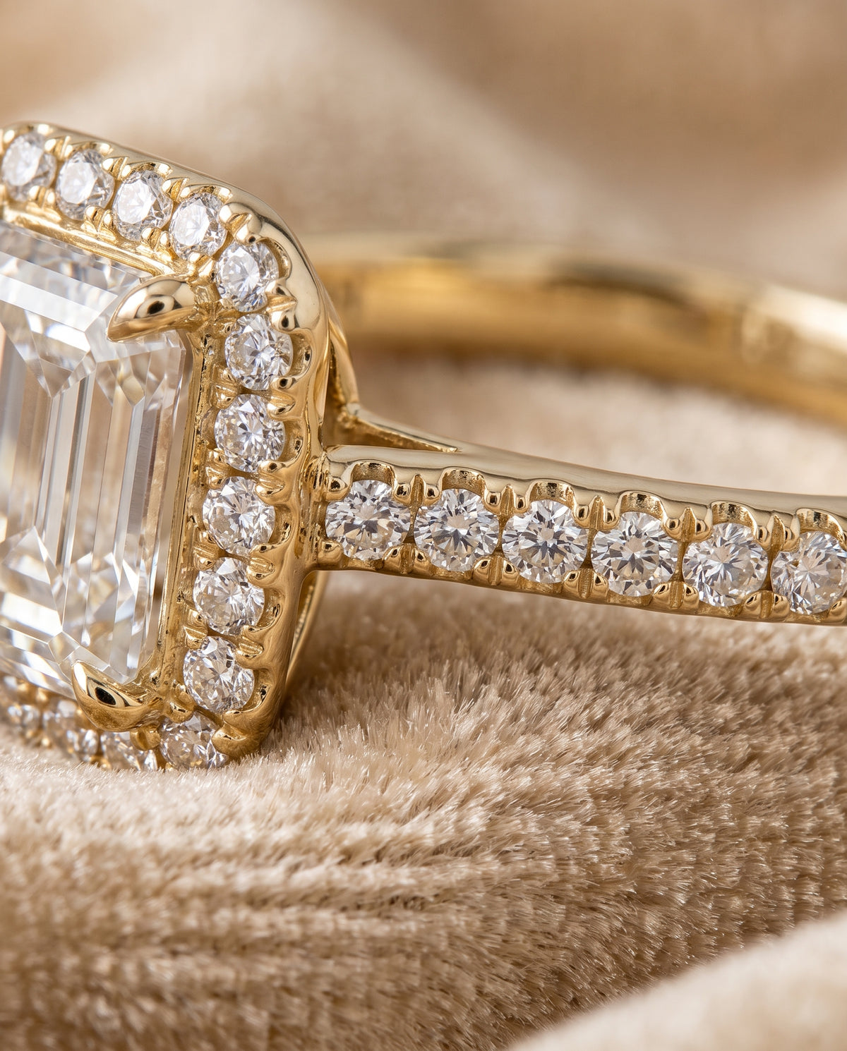 Emerald engagement ring setting in 18K Yellow Gold, Christina East West Horizontal Halo Emerald Cut, alternate view | RockHer