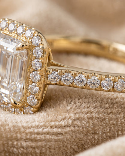 Emerald engagement ring setting in 18K Yellow Gold, Christina East West Horizontal Halo Emerald Cut, alternate view | RockHer
