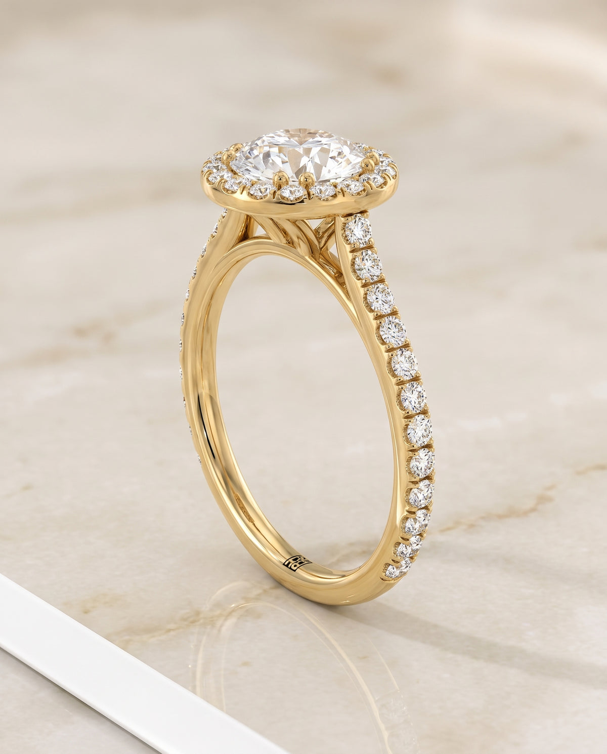 The Christina East West Horizontal Halo Round Engagement Ring Setting in 18K Yellow Gold