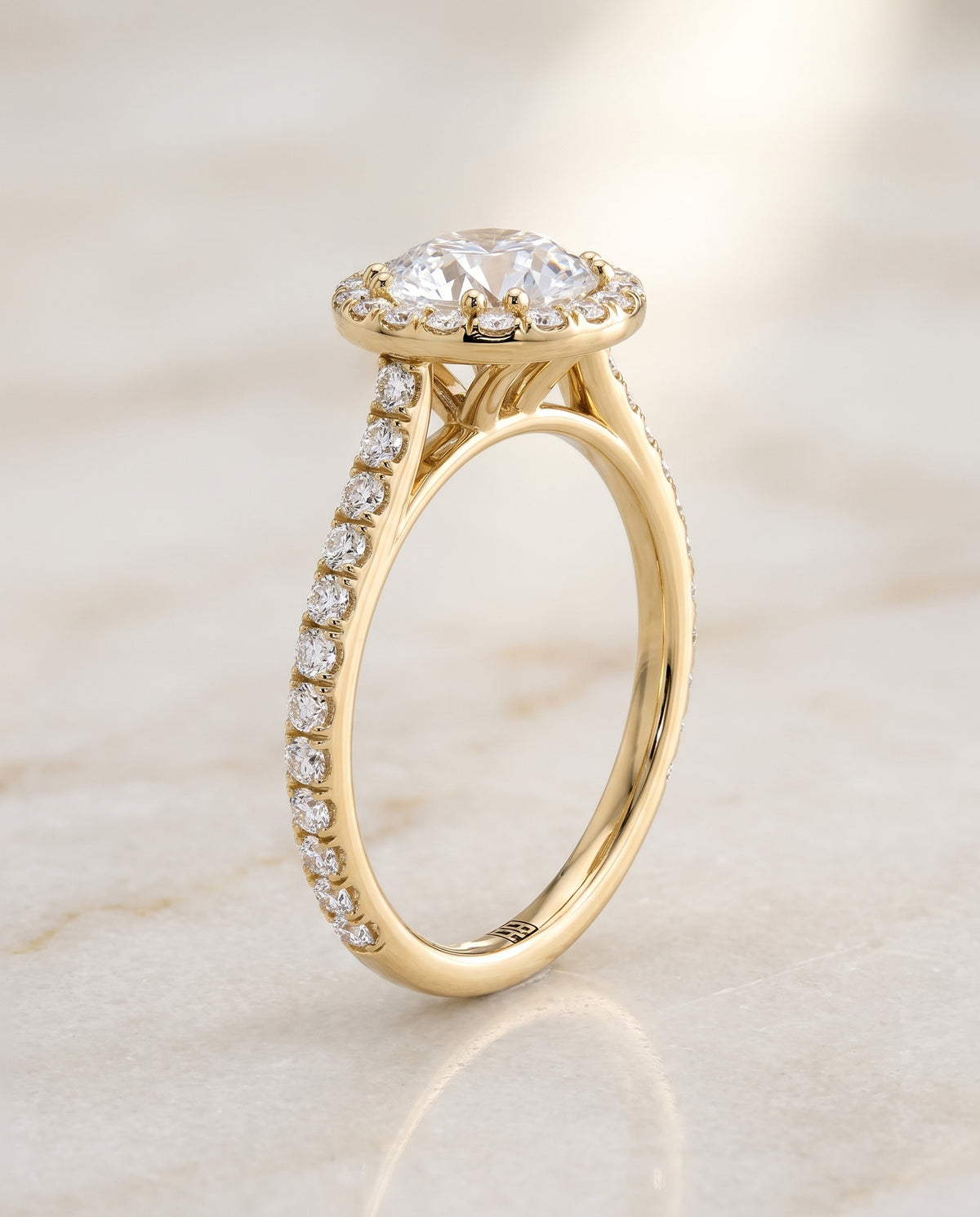 The Christina East West Horizontal Halo Round Engagement Ring Setting in 18K Yellow Gold