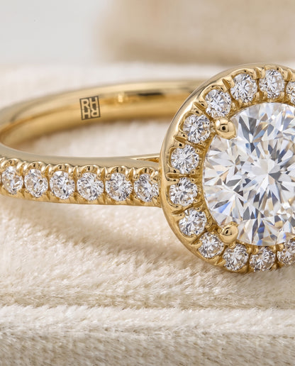 The Christina East West Horizontal Halo Round Engagement Ring Setting in 18K Yellow Gold