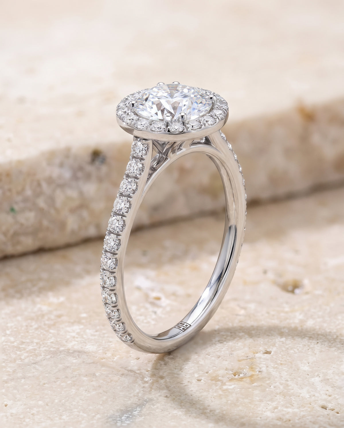 The Christina East West Horizontal Halo Round Engagement Ring Setting in Platinum