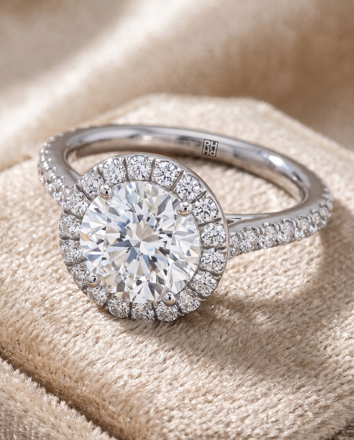 The Christina East West Horizontal Halo Round Engagement Ring Setting in Platinum