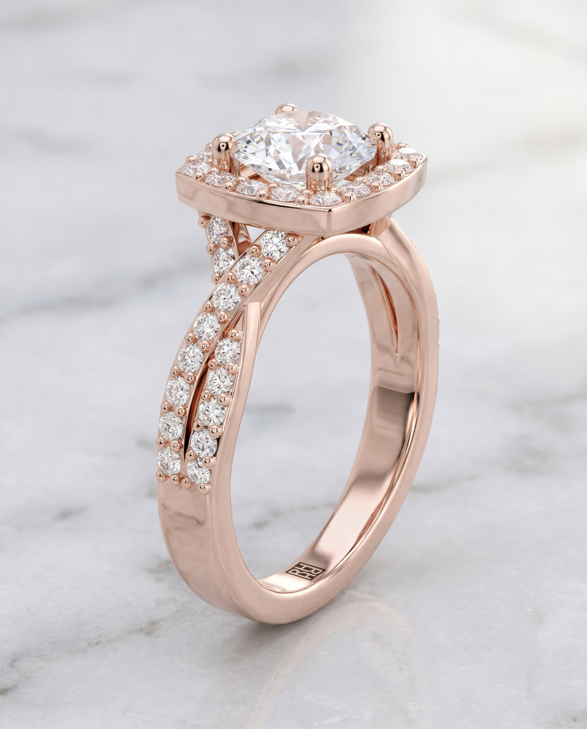 The Clementine Twisted Square Pavé Halo Round Engagement Ring Setting in 14K Rose Gold