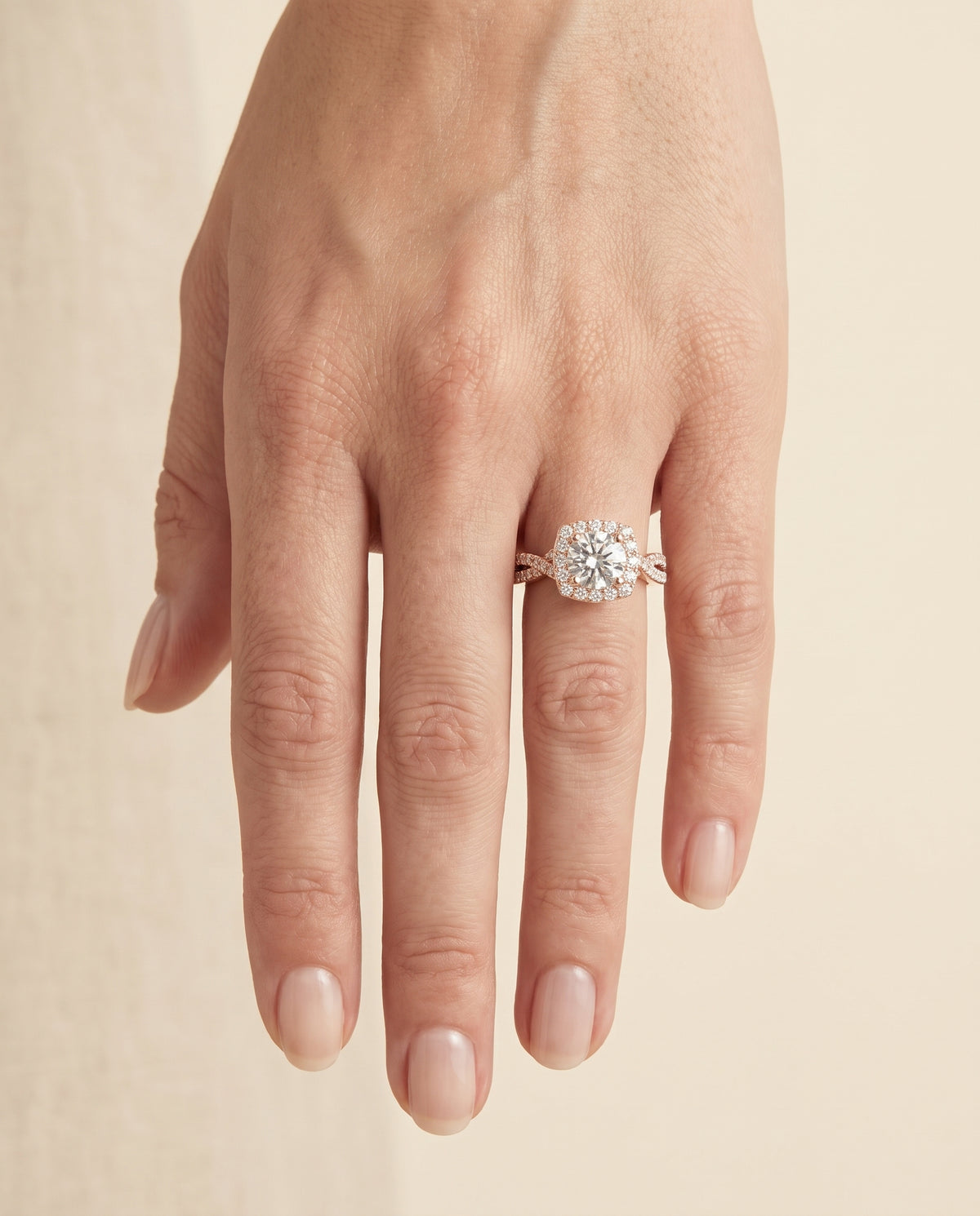 The Clementine Twisted Square Pavé Halo Round Engagement Ring Setting in 14K Rose Gold