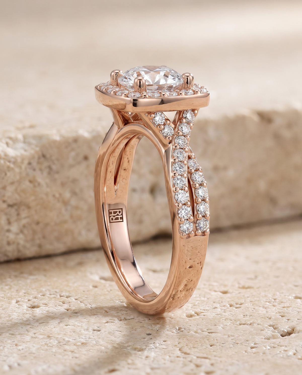 The Clementine Twisted Square Pavé Halo Round Engagement Ring Setting in 14K Rose Gold