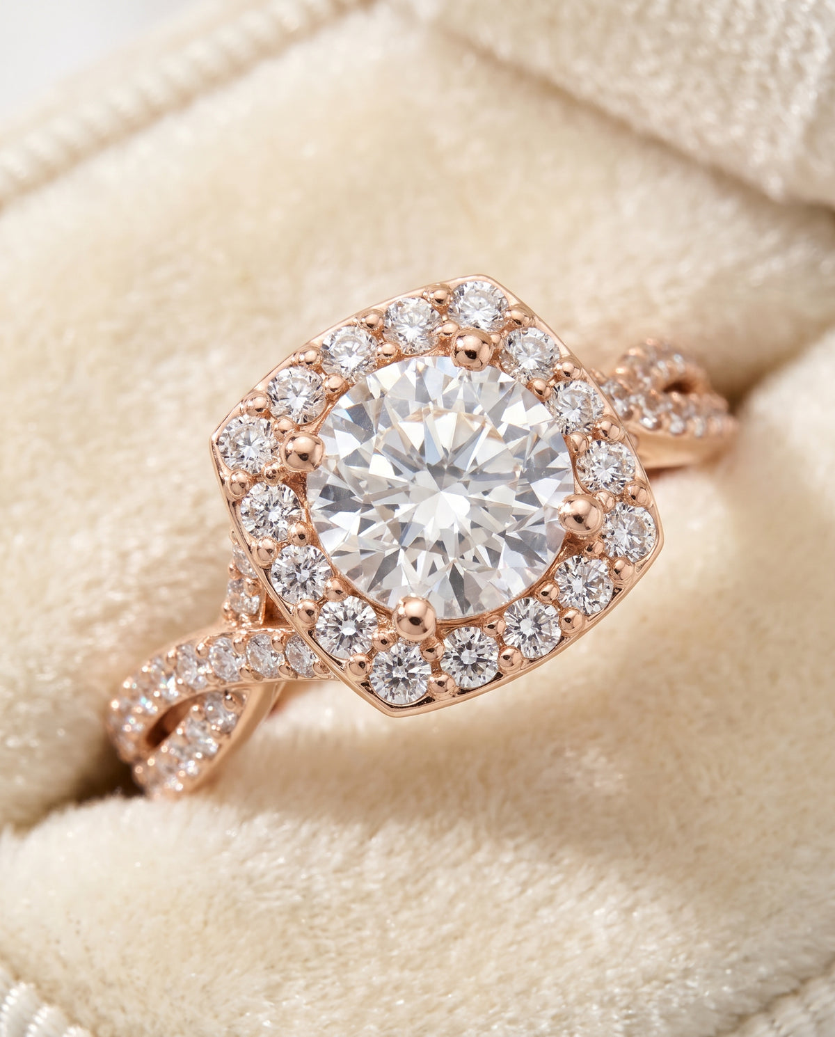 The Clementine Twisted Square Pavé Halo Round Engagement Ring Setting in 14K Rose Gold