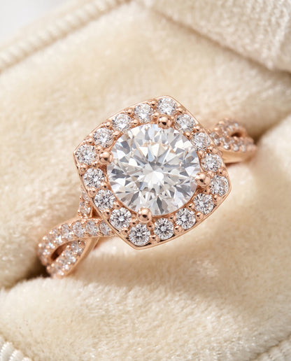 The Clementine Twisted Square Pavé Halo Round Engagement Ring Setting in 14K Rose Gold